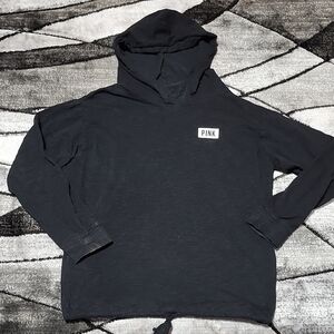 VS PINK 2019 BLACK CINCHED-HEM COTTON LOGO LONG-SLEEVE HOODIE TEE-SHIRT